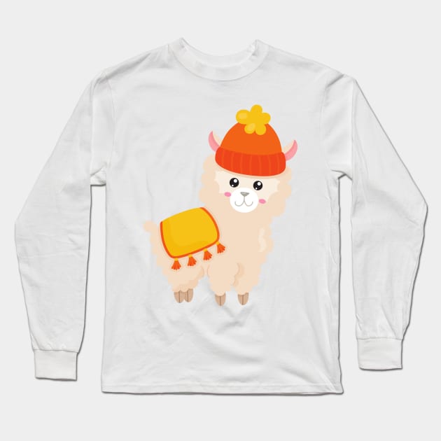 Autumn Llama, Cute Llama, Alpaca, Llama With Hat Long Sleeve T-Shirt by Jelena Dunčević